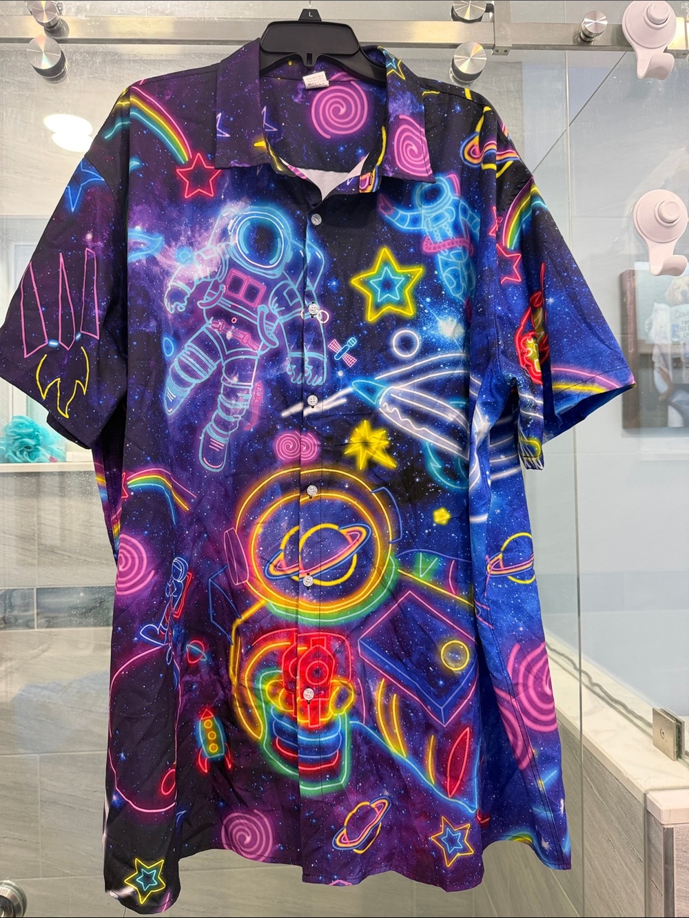 Men's Neon Galaxy Print Button-Up Shirt - Black/Blue